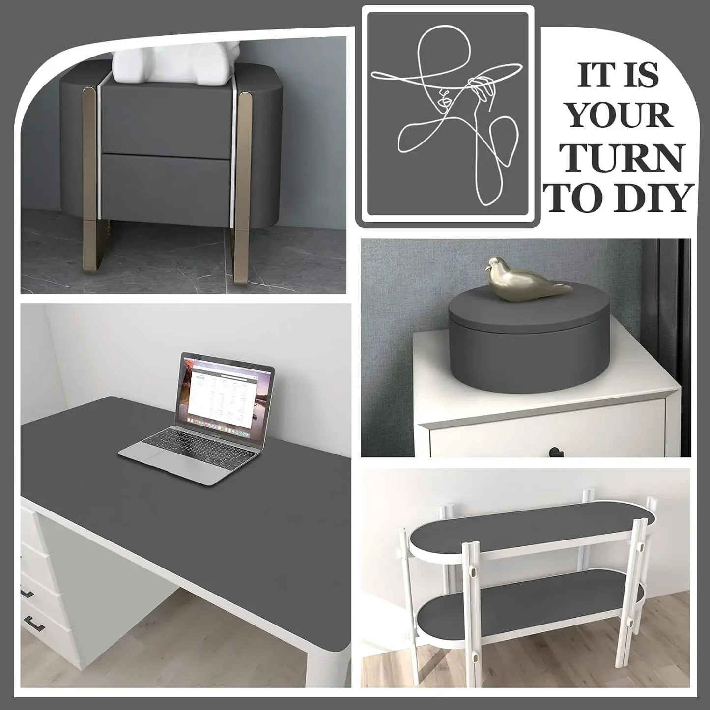 Vinilo Adhesivo Mate Impermeable para Pared y Muebles - Blanco, Gris y Negro